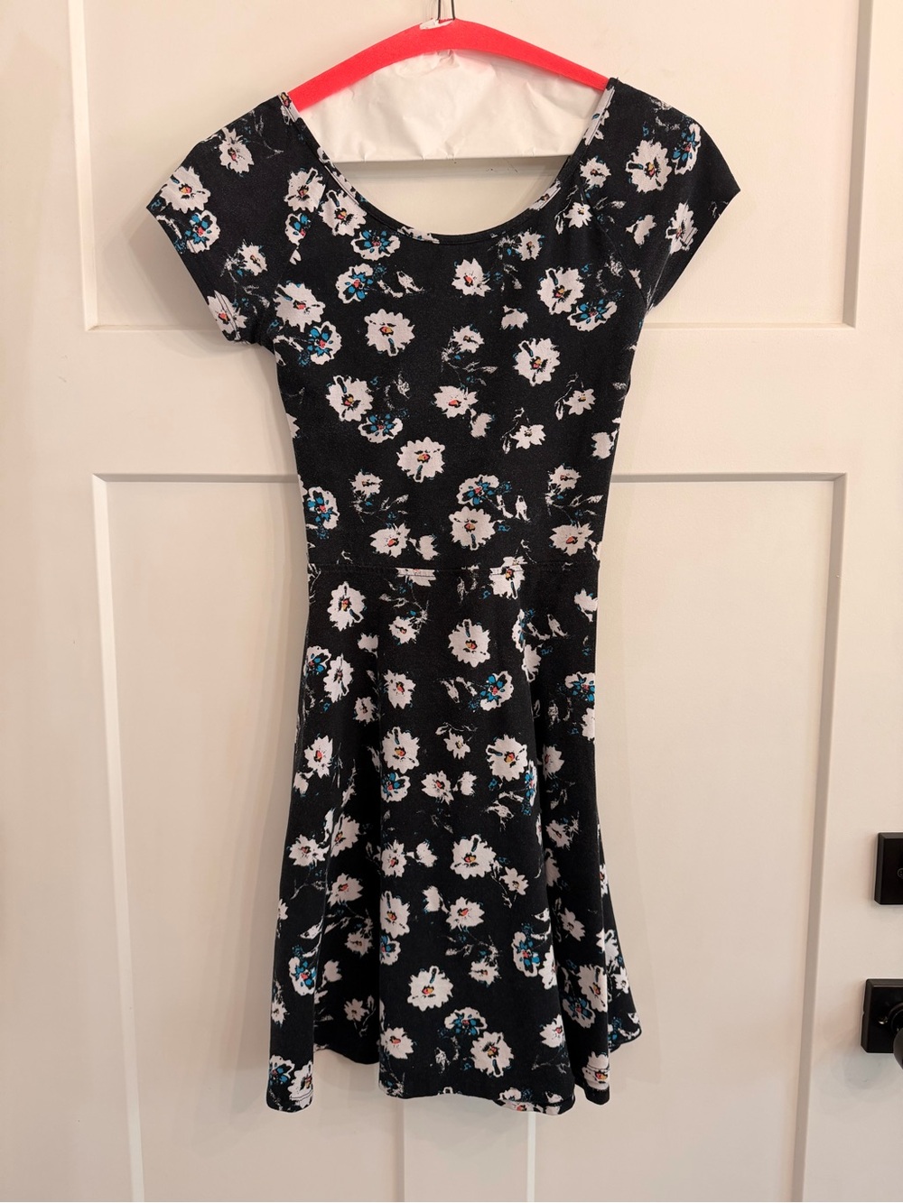 SO Black Floral Asymmetrical Fit Dress with White and Teal Accents